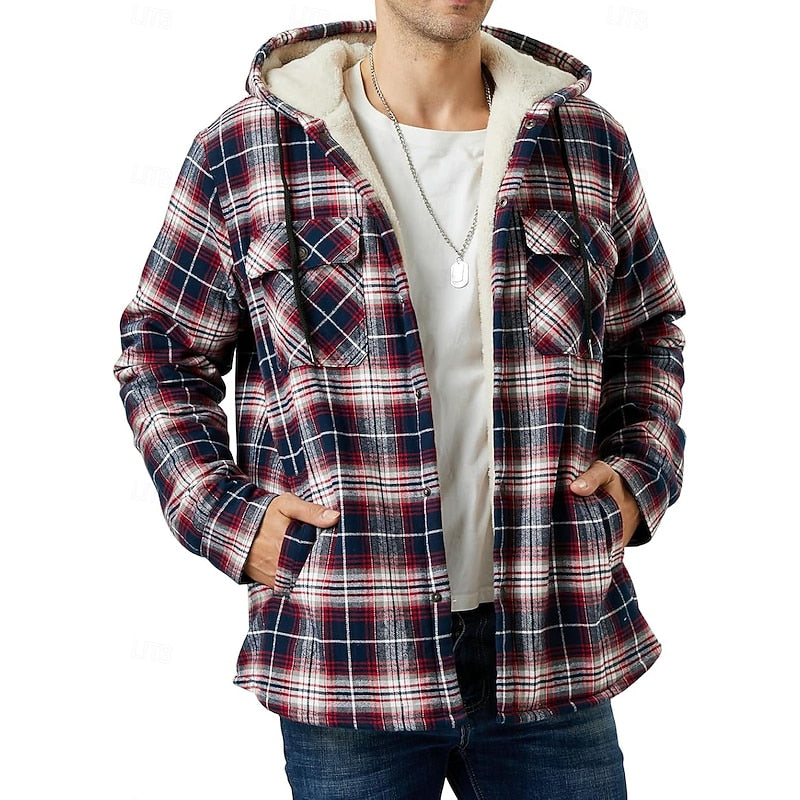 Hooded Check Overshirt for Men, Plus Size