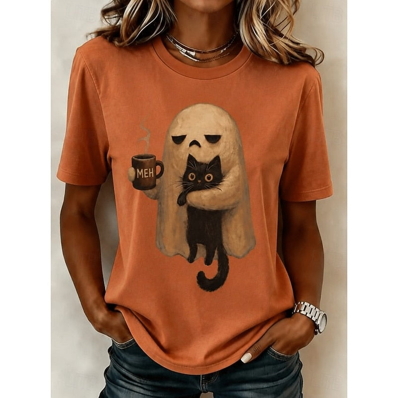 Ghost Cat Halloween Tee for Women, Plus Size