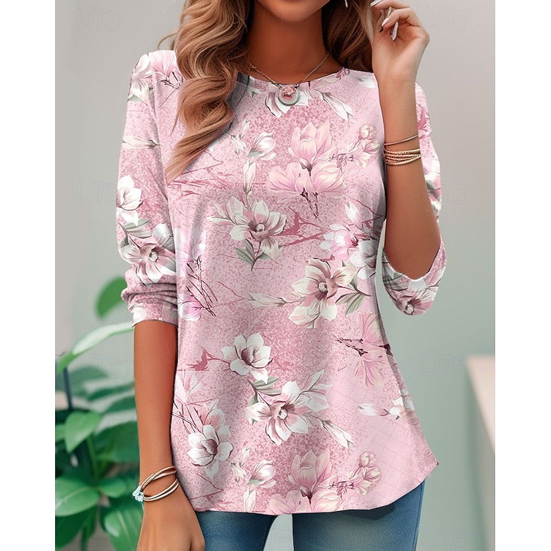 Floral Long-Sleeve Top for Women, Plus Size