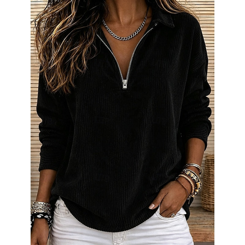 Ribbed Quarter-Zip Pullover Top for Women
