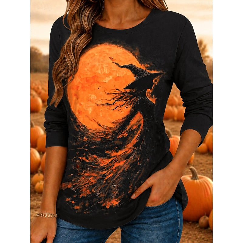Halloween Witch Graphic Long-Sleeve Top for Women, Plus Size
