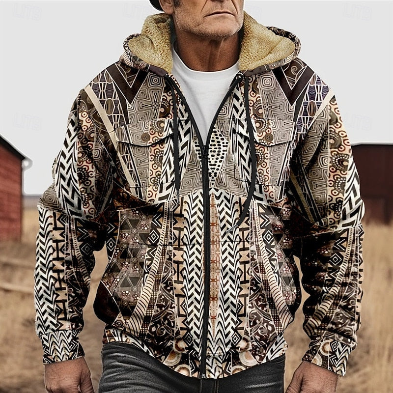Patterned Zip Hooded Jacket for Men