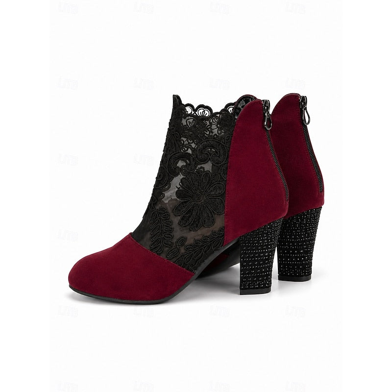 Lace-Accent Heeled Ankle Boots for Women