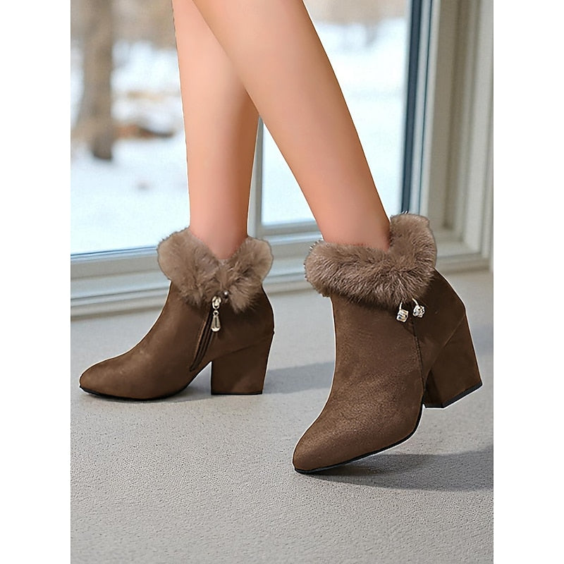 Fur-Trimmed Block Heel Ankle Boots for Women