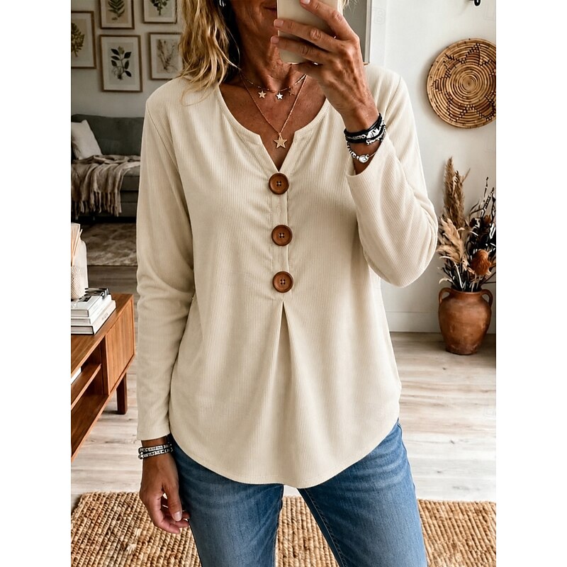 Buttoned V-Neck Top for Women, Plus Size
