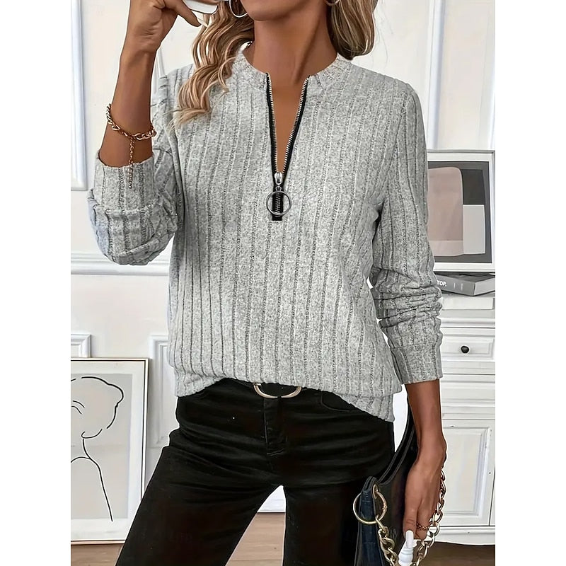 Ribbed Zip-Neck Top for Women