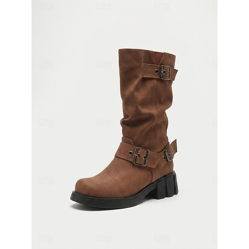 Ladies Buckle-Detail Mid-Calf Biker Boots