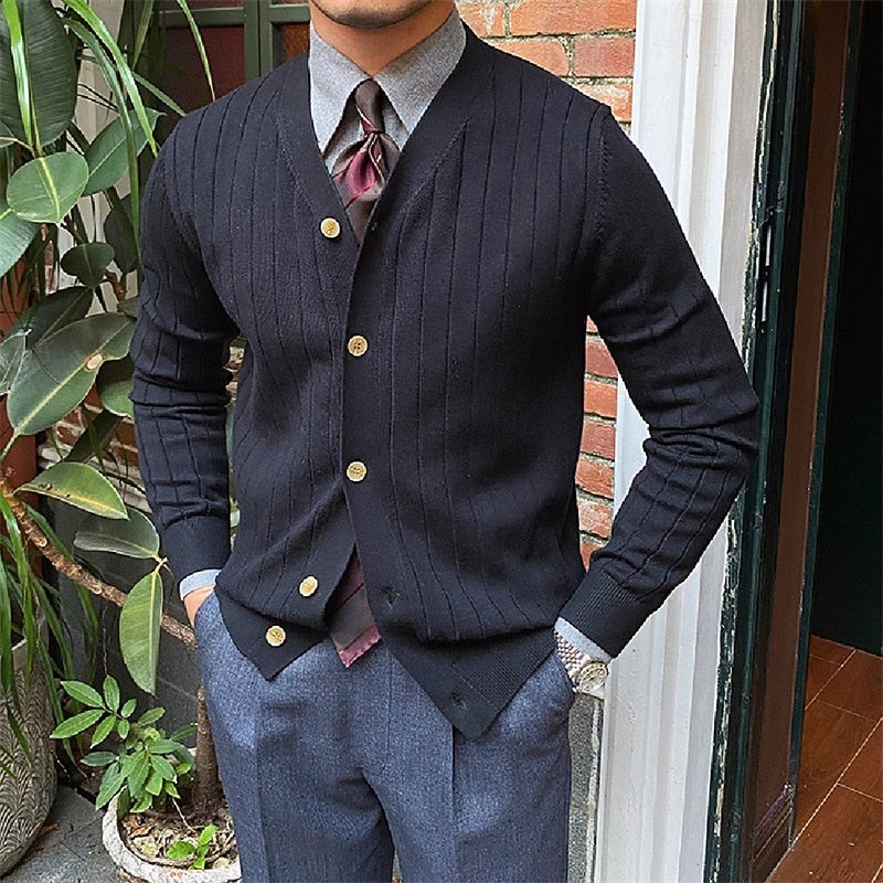Ribbed V-Neck Button Cardigan for Men, Plus Size