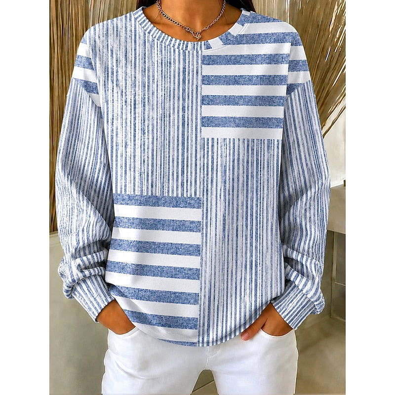 Striped Colorblock Crew Neck Sweatshirt for Women