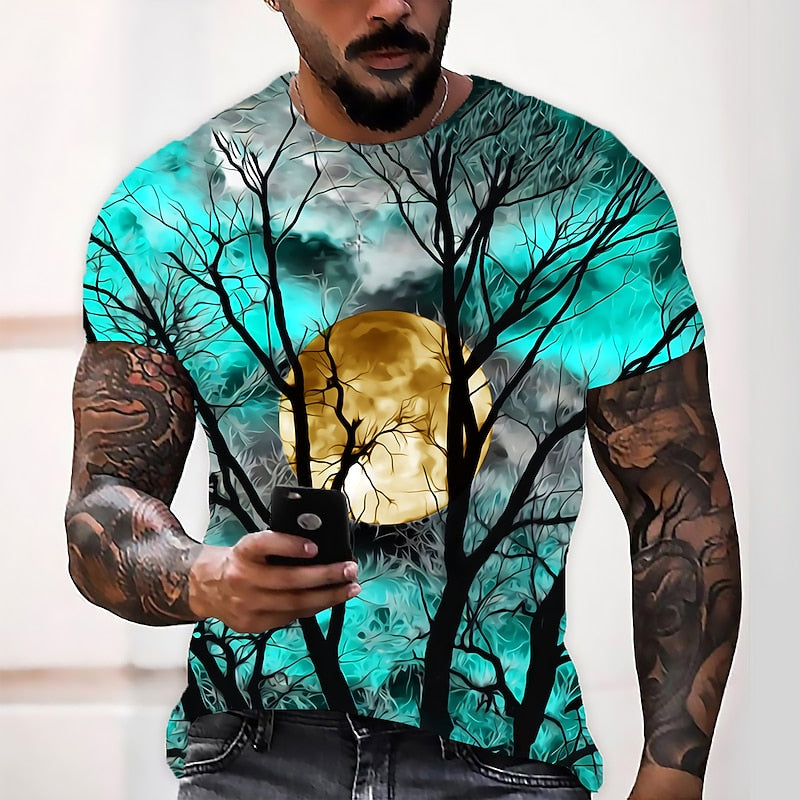 Halloween Moon Graphic Crew Neck T-Shirt for Men, Plus Size