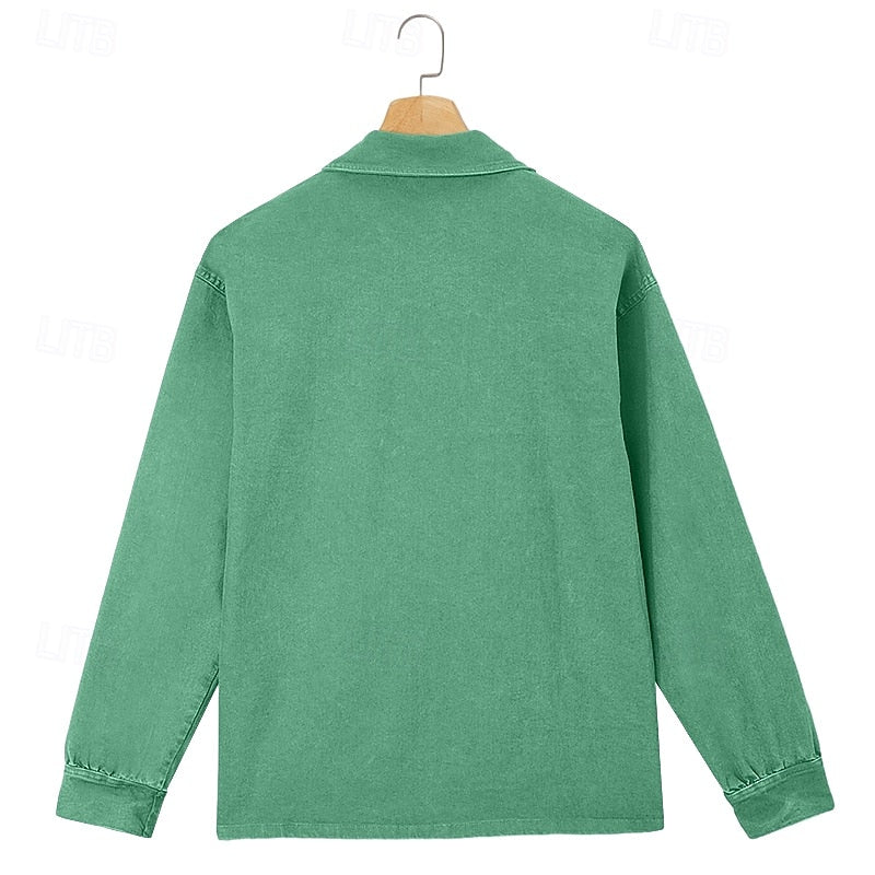 Washed Long Sleeve Polo Shirt for Men, Plus Size