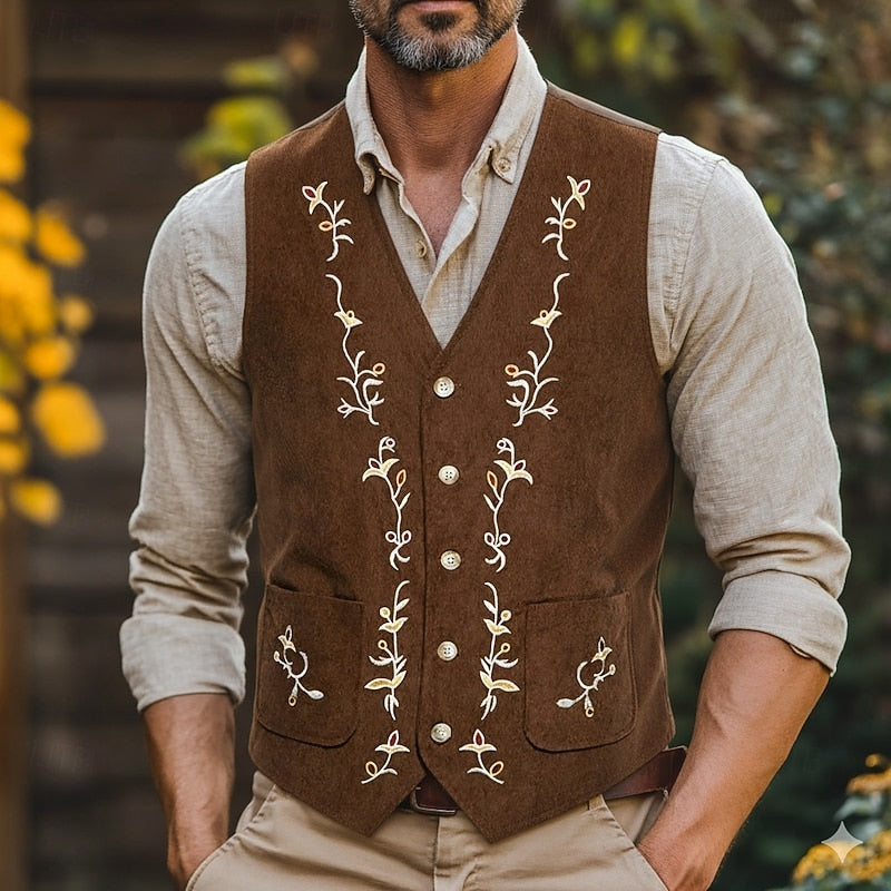 Embroidered Single-Breasted Waistcoat for Men