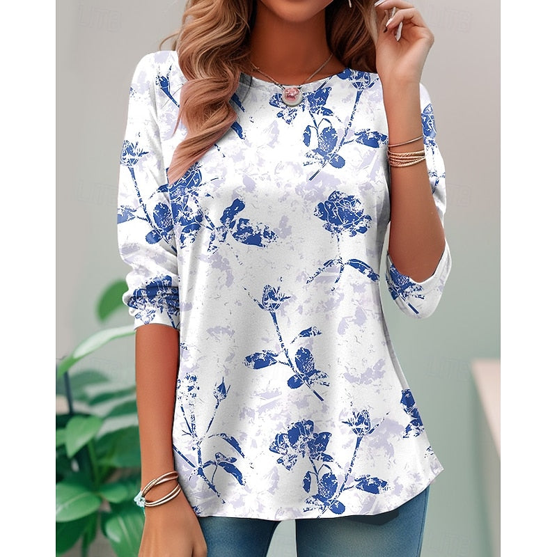 Floral Long-Sleeve Top for Women, Plus Size