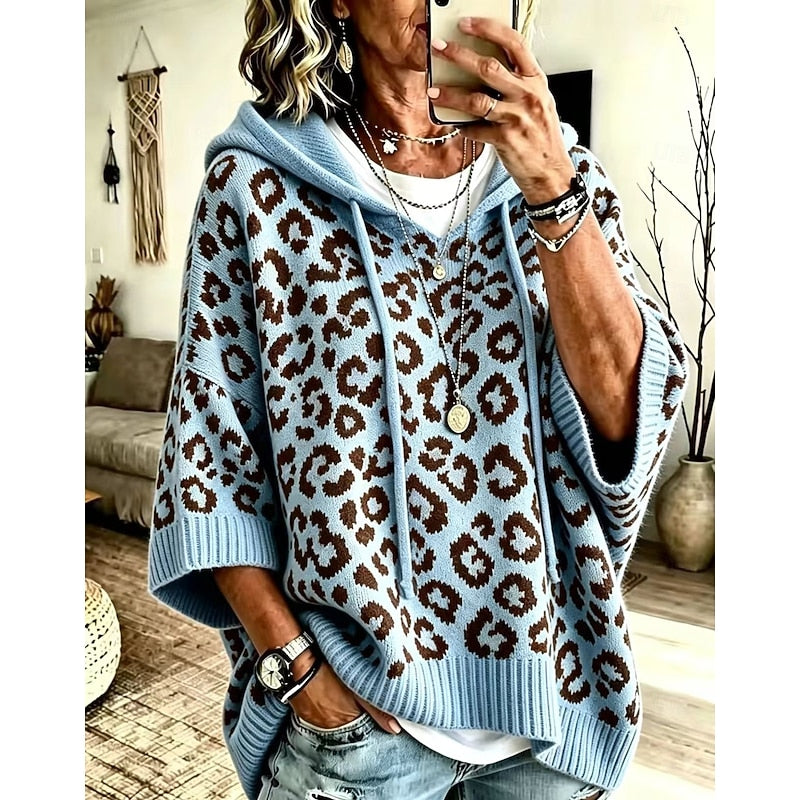 Animal Print Hooded Sweater for Women, Plus Size