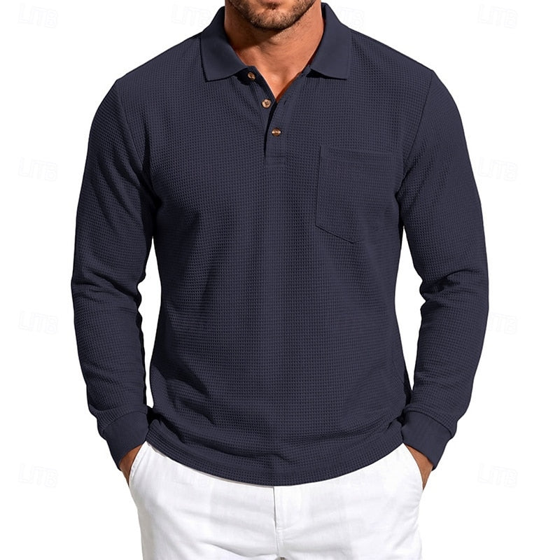 Textured Long-Sleeve Polo Shirt for Men, Plus Size