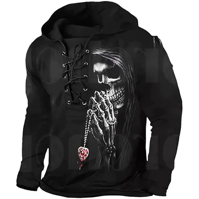Halloween Lace-Up Skull Hoodie for Men, Plus Size
