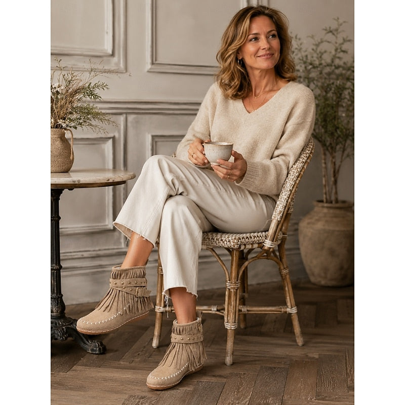 Fringe Moccasin Ankle Boots for Women