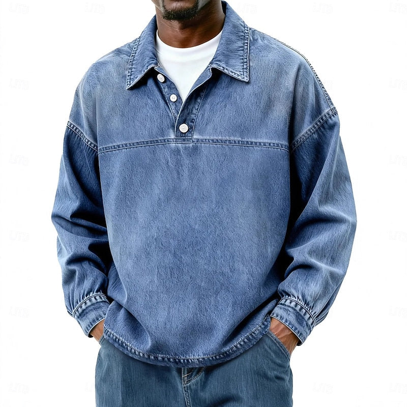 Washed Long Sleeve Polo Shirt for Men, Plus Size