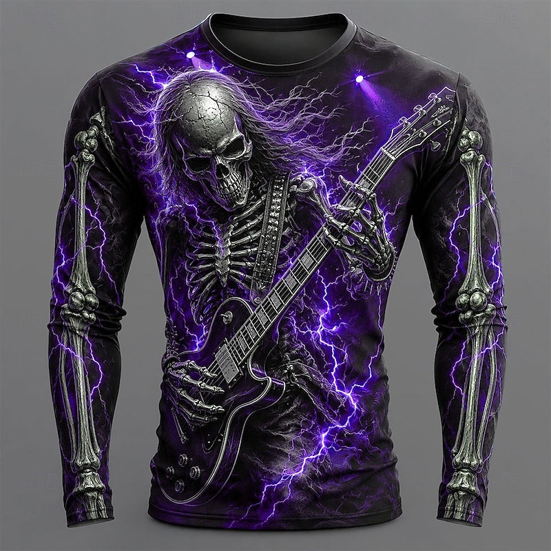 Skeleton Guitar Halloween Long Sleeve Shirt for Men, Plus Size