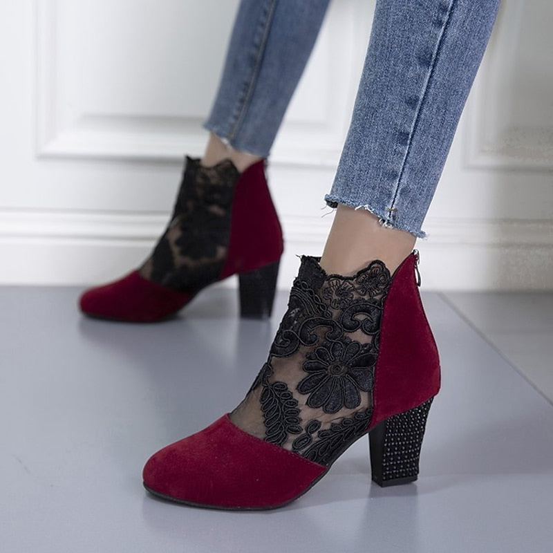 Lace-Accent Heeled Ankle Boots for Women