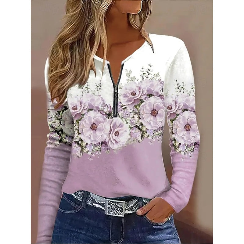 Floral Quarter-Zip Long Sleeve Top for Women