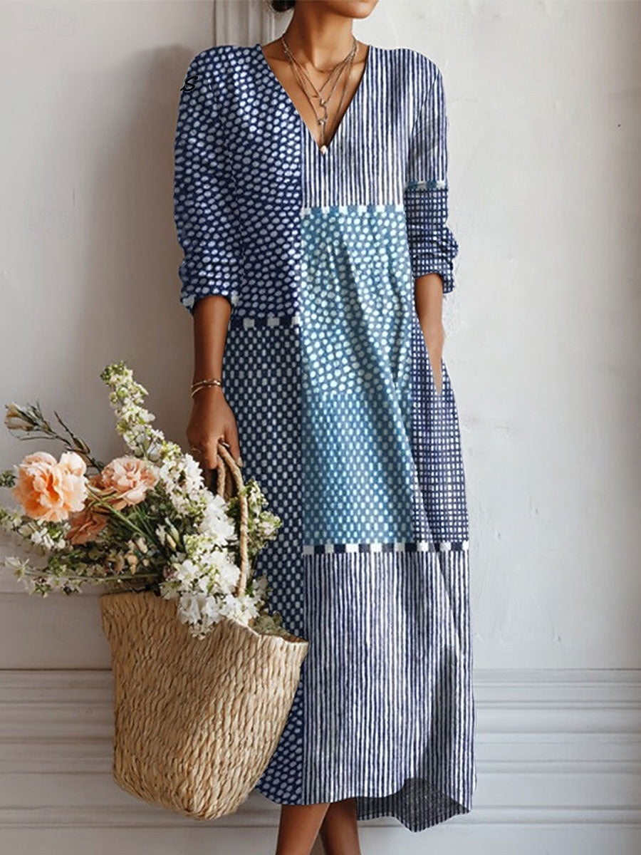 Blue Patched V-Neck Dress for Women, Classic Style