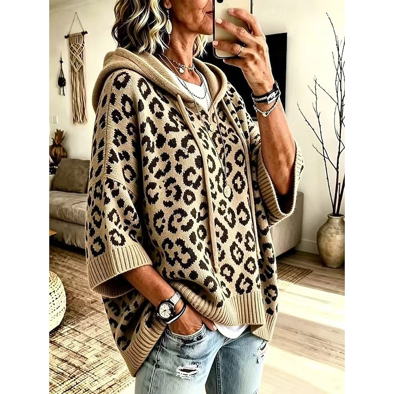 Animal Print Hooded Sweater for Women, Plus Size