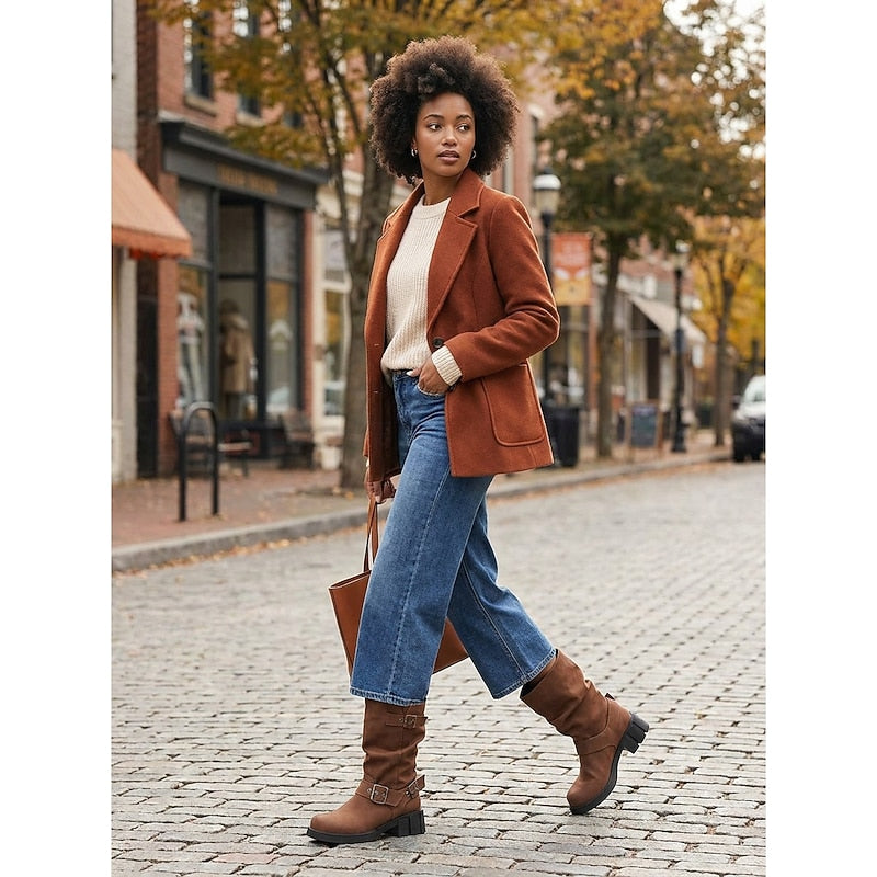 Ladies Buckle-Detail Mid-Calf Biker Boots