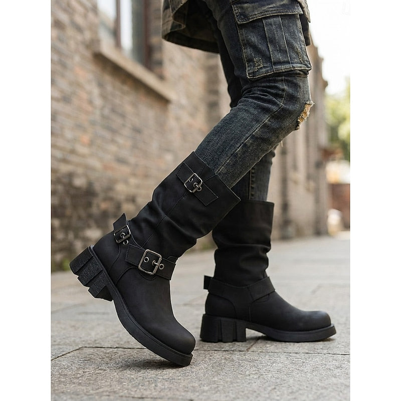 Ladies Buckle-Detail Mid-Calf Biker Boots