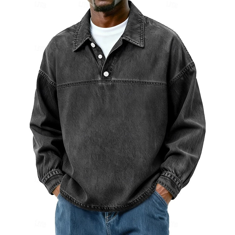 Washed Long Sleeve Polo Shirt for Men, Plus Size
