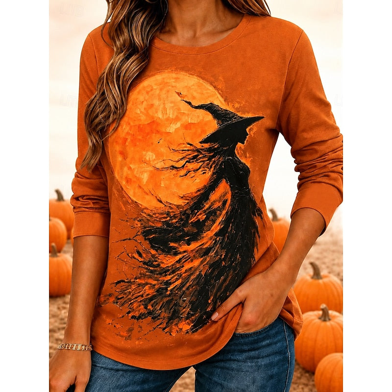 Halloween Witch Graphic Long-Sleeve Top for Women, Plus Size