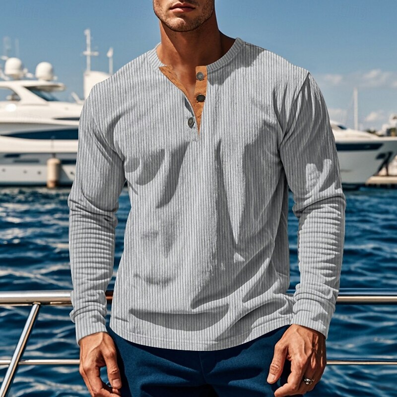 Ribbed Long Sleeve Henley Shirt for Men, Plus Size