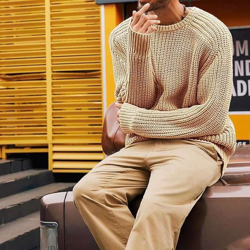 Ribbed Round-Neck Sweater for Men, Plus Size