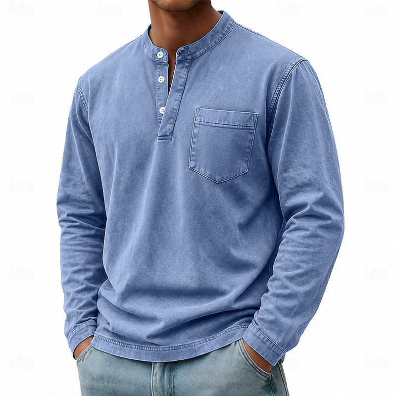 Washed Henley Shirt for Men, Vintage Style
