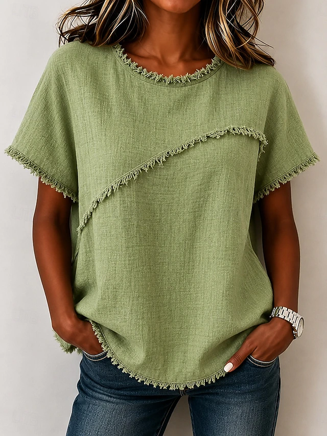 Frayed-Trim Round Neck Top for Women, Plus Size