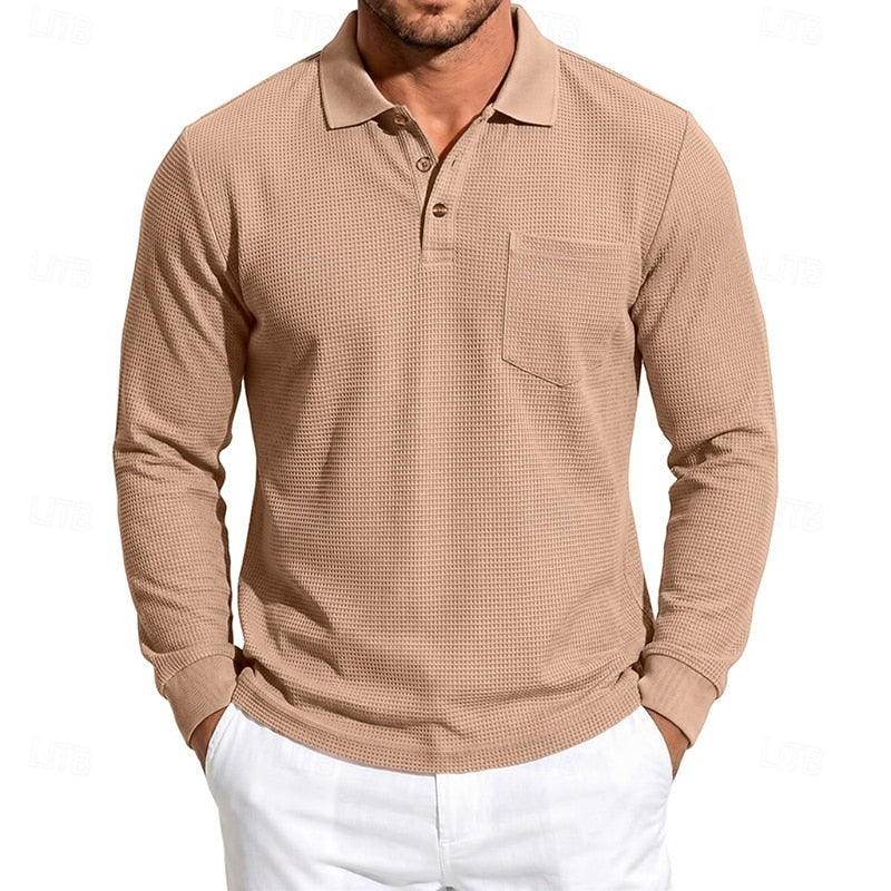 Textured Long-Sleeve Polo Shirt for Men, Plus Size