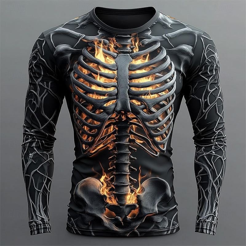 Flame Skeleton Halloween Long-Sleeve Shirt for Men, Plus Size