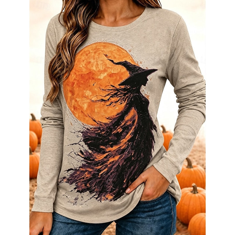 Halloween Witch Graphic Long-Sleeve Top for Women, Plus Size
