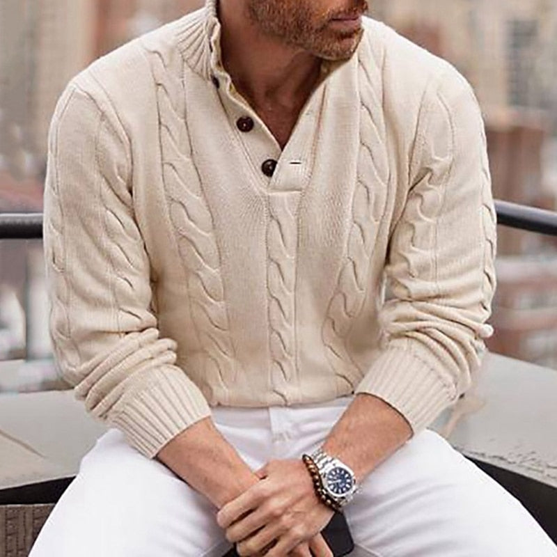 Apricot Cable-Knit Henley Sweater for Men