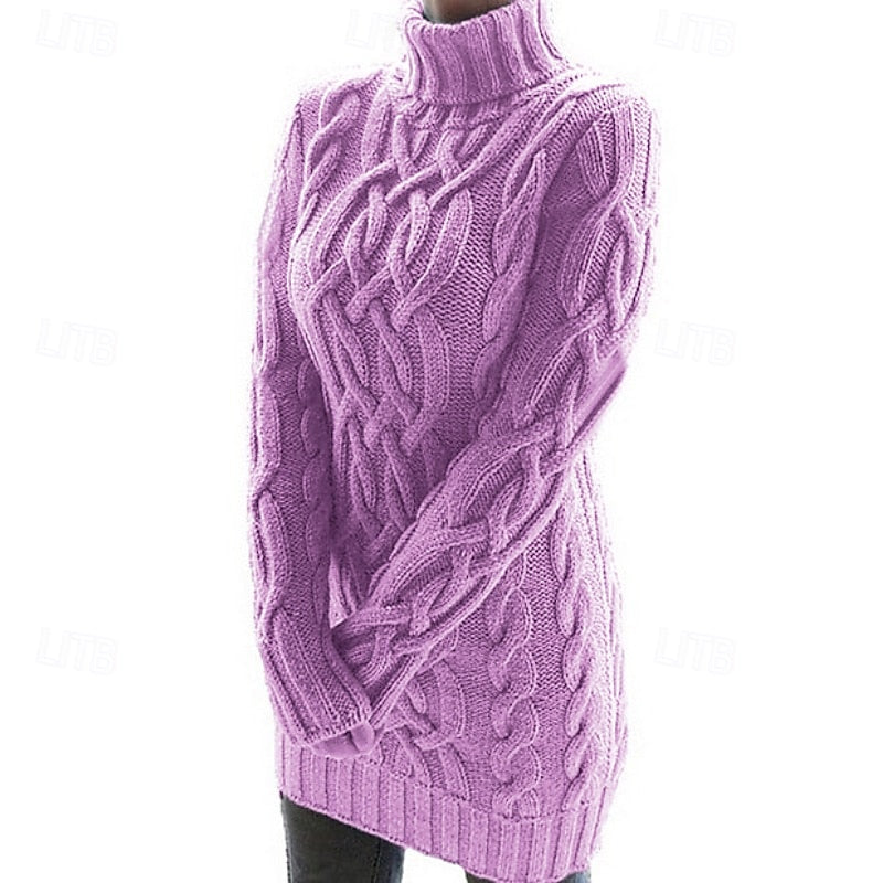 Cable-Textured Turtleneck Sweater Dress for Women