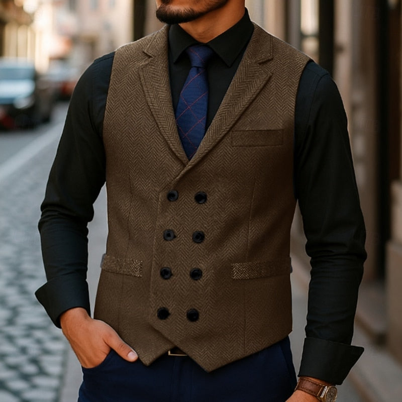 Double-Breasted Herringbone Waistcoat for Men