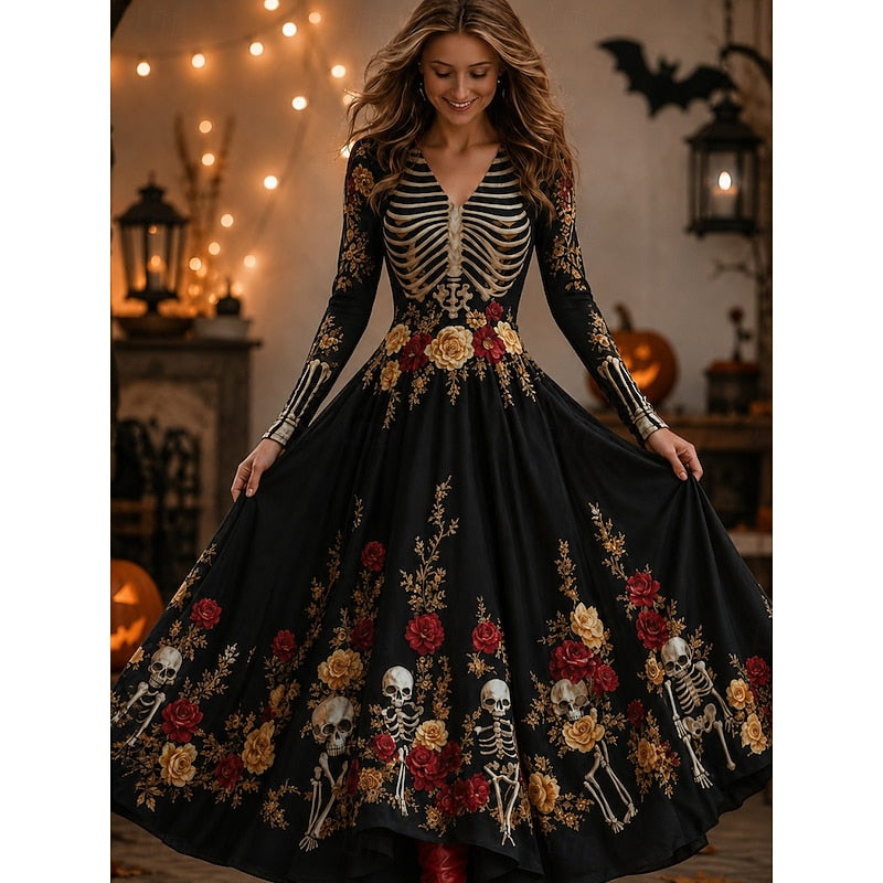Halloween Skeleton Print Maxi Dress for Women