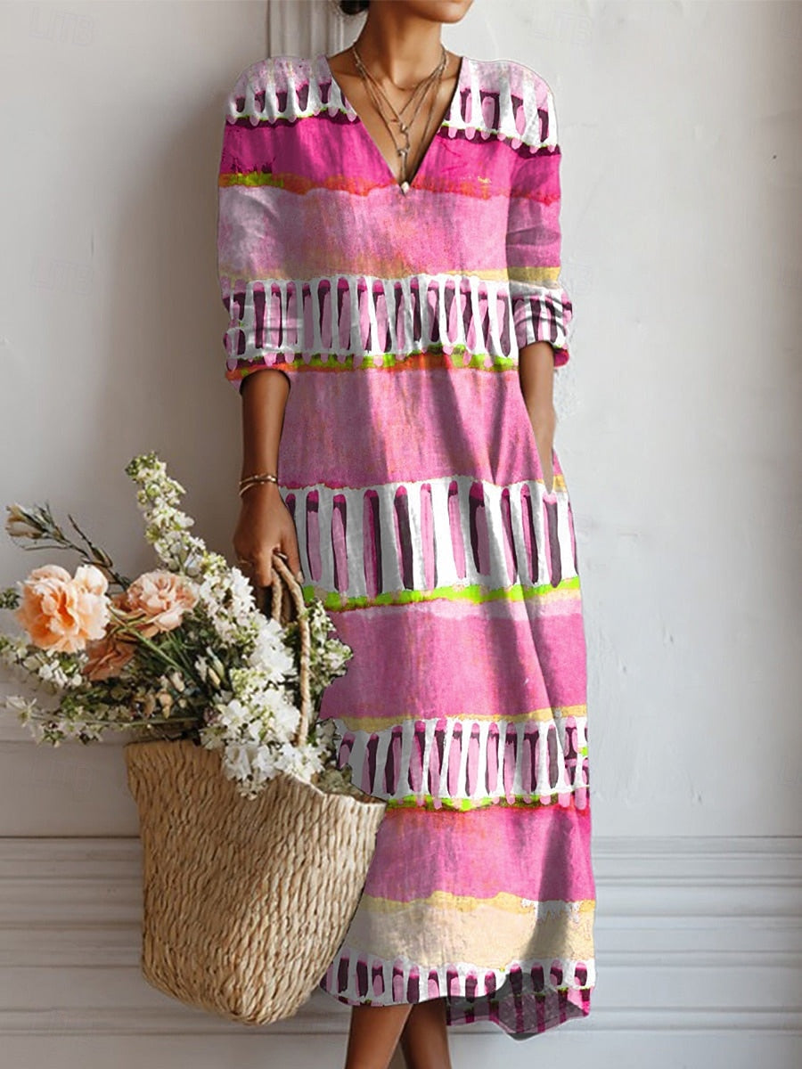 Striped Down V-Neck Dress, Women's Stylish Fit