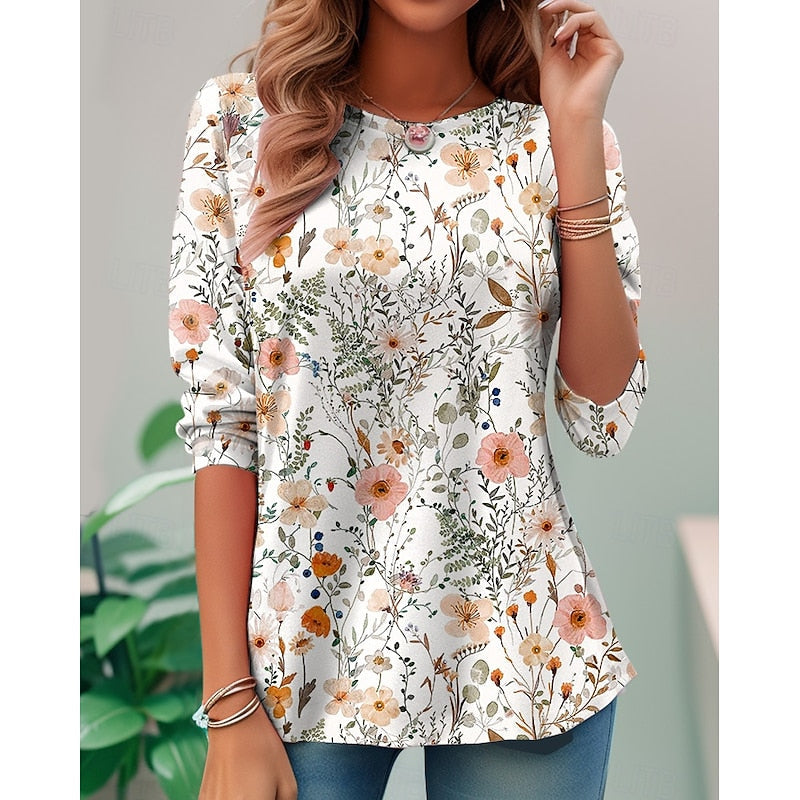 Floral Long-Sleeve Top for Women, Plus Size