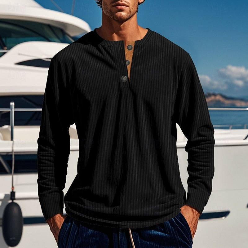 Ribbed Long Sleeve Henley Shirt for Men, Plus Size