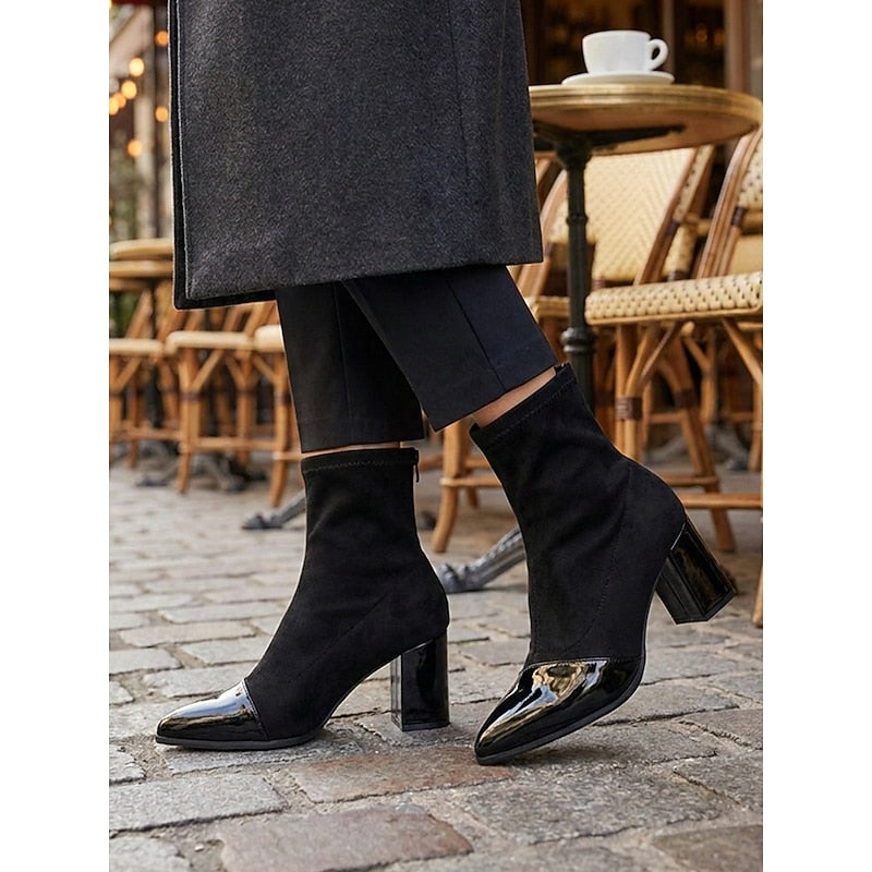 Cap-Toe Chunky Heel Ankle Boots for Women
