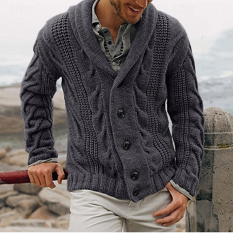 Cable-Knit Shawl Collar Cardigan for Men, Plus Size
