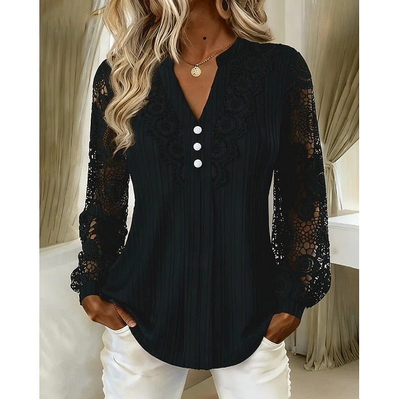 Lace-Trimmed Long Sleeve Blouse for Women