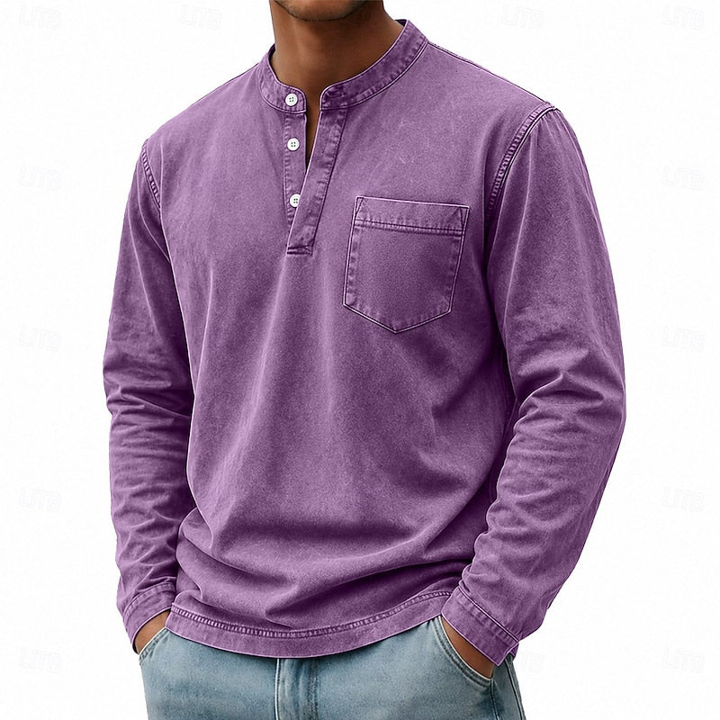 Washed Henley Shirt for Men, Vintage Style