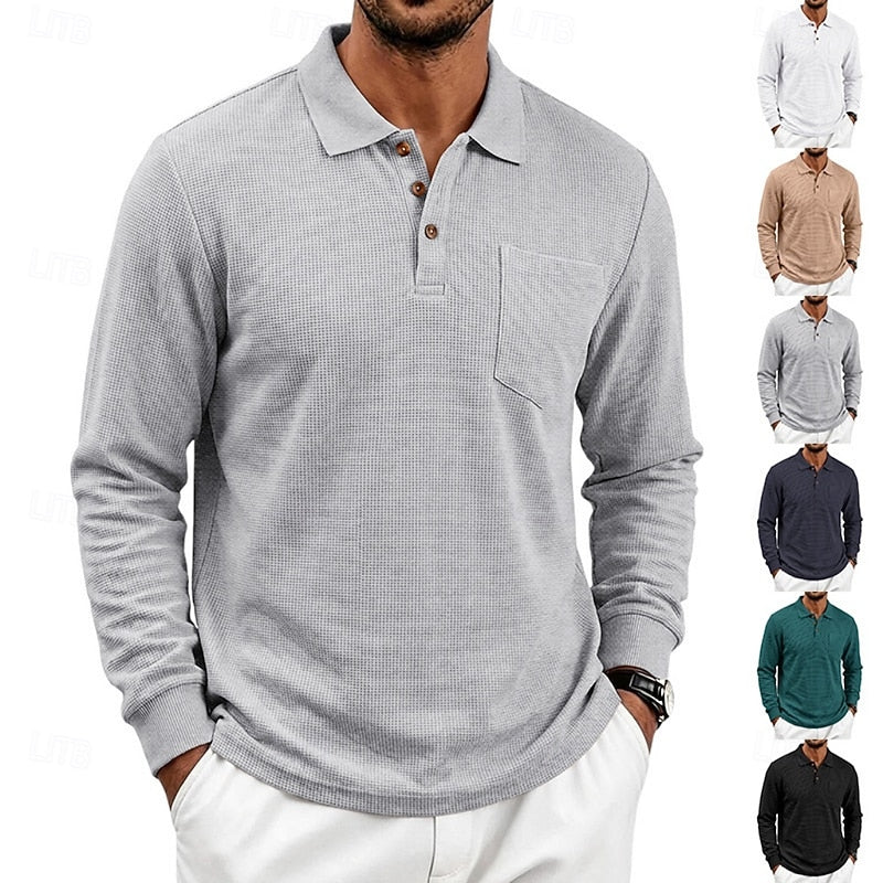 Textured Long-Sleeve Polo Shirt for Men, Plus Size